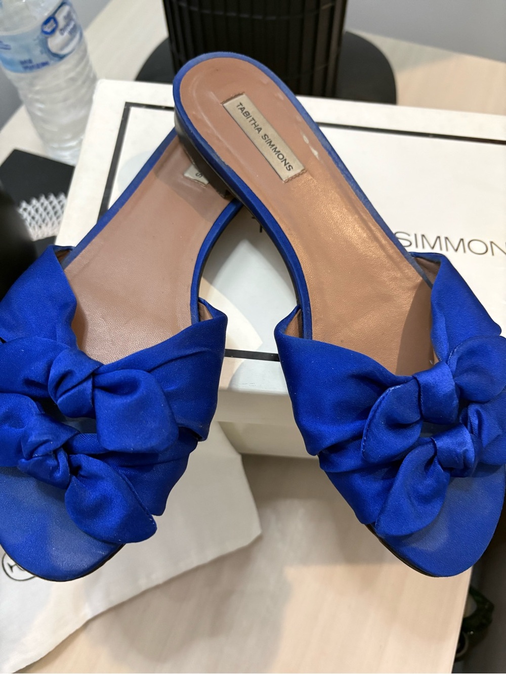 Tabitha Simmons Cobalt Satin Bow Slide Mules